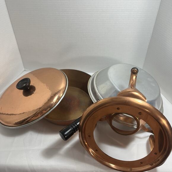 Vintage Copper Chafing Dish with Double Boiler and Fuel Holder 4 Piece Set - Picture 9 of 9